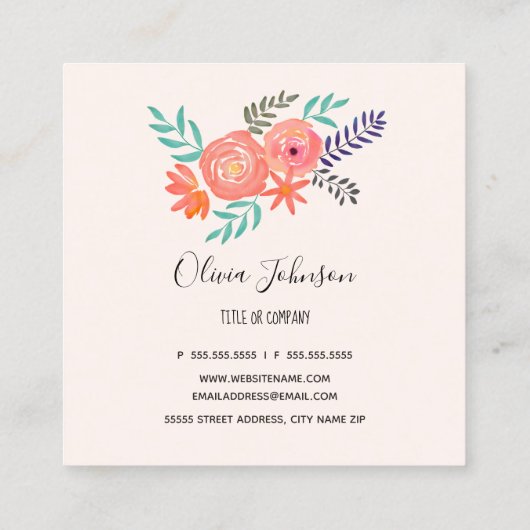 Koraalroze Waterverf Bloem Bouquet Vierkante Visitekaartje (Achterkant)