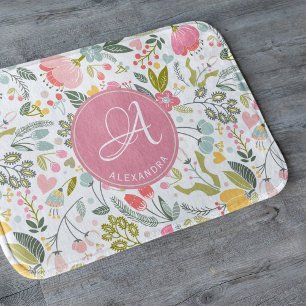 Koraalroze waterverf bloemmotief monogram naam badmat