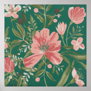 Koraalroze wilde bloemen op tealgroene botanische poster