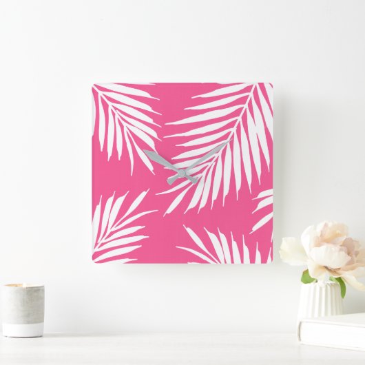 Koraalroze, witte acrylpalmbladeren vierkante klok (Huis)