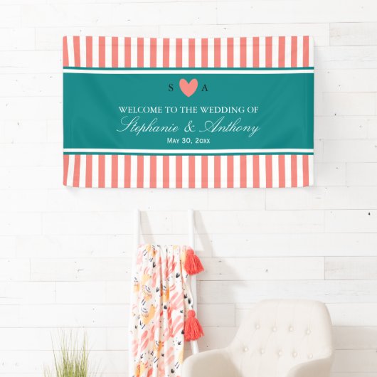 Koraalroze, witte en Blauwgroen bruiloft Spandoek (Insitu)