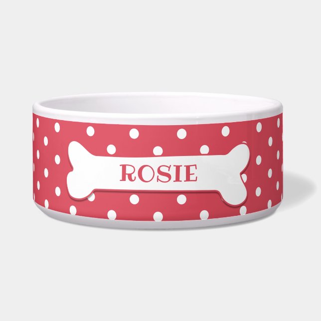 Koraalroze witte pokadots Dog Bone Naam Dog Voerbakje (Voorkant)