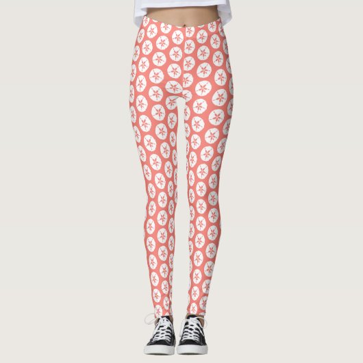 Koraalroze, witte zandband, zeepdollar, zomerstran leggings (Voorkant)