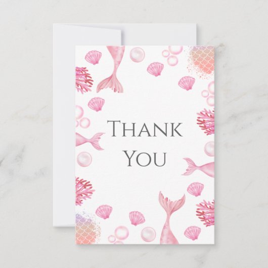 Koraalroze Zeemeermin Thema Verjaardagsfeest Bedankkaart (Voorkant)