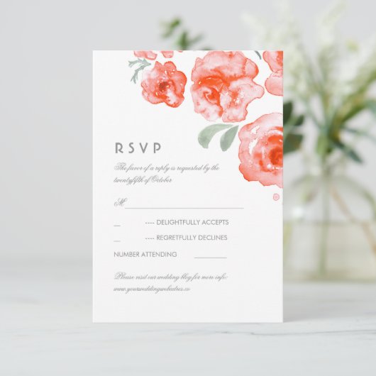 KoraalRozen Waterverf bruiloft RSVP-kaart RSVP Kaartje (Staand voorkant)