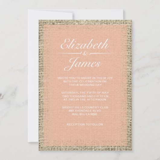 Koraalse  Burlap Wedding-uitnodigingen Kaart (Voorkant)