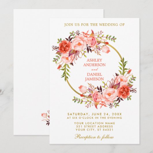 Koraalse Waterverf Floral Wreath Wedding Gold Kaart (Voorkant / Achterkant)