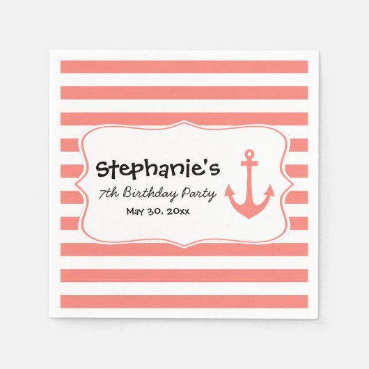 Koraalstrips en Nautical Anchor Birthday Party Servetten (Voorkant)