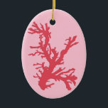 Koraaltak, koraalroze keramisch ornament<br><div class="desc">Versiering in een koraaltak in diep koraalroze tegen een lichtkoraalroze achtergrond</div>