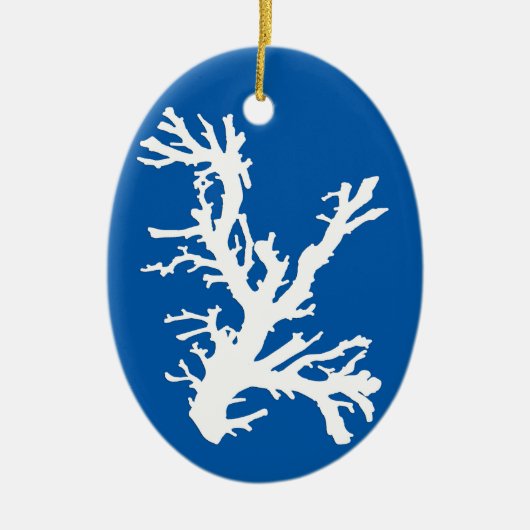 Koraaltak, wit op kobalt blauw keramisch ornament (Voorkant)