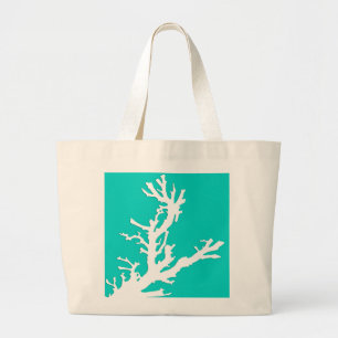 Koraaltak - wit op turquoise grote tote bag