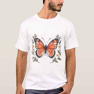 Koraalvlinder met madeliefjes en tuingroen t-shirt