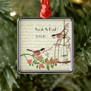 Koraalvogel met eerste kerstvierkant, vogelCage Metalen Ornament