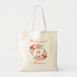 KoraalWaterverf Floral Monogram Bridesmaid Tote Bag