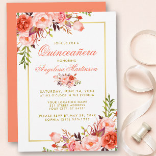KoraalWaterverf Floral Quinceanera Gold Lijst Kaart