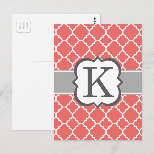 Koraalwitte monogram Letter K Quatrefoil Briefkaart (Voorkant / Achterkant)