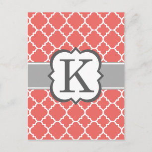 Koraalwitte monogram Letter K Quatrefoil Briefkaart