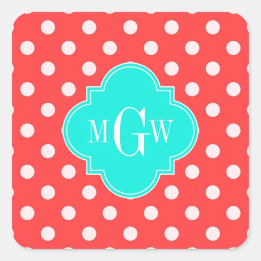 Koraalwitte Stippen Brt Aqua Quatrefoil 3 Monogram Vierkante Sticker (Voorkant)
