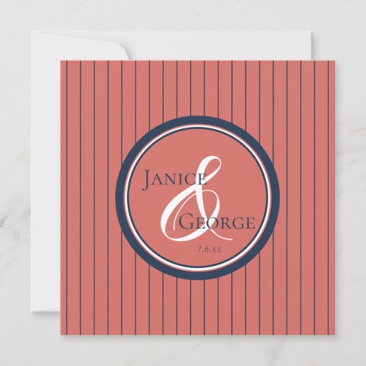Koraalzalm en Navy Stripes Wedding Kaart (Voorkant)