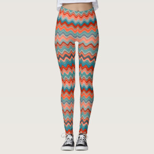 Koraalzalm Oranje Blauwgroen Wavy Zigzag Pattern Leggings