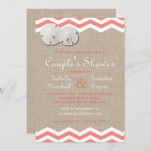 Koraalzanddollar en Chevron Couple's Shower Invite Kaart (Voorkant / Achterkant)