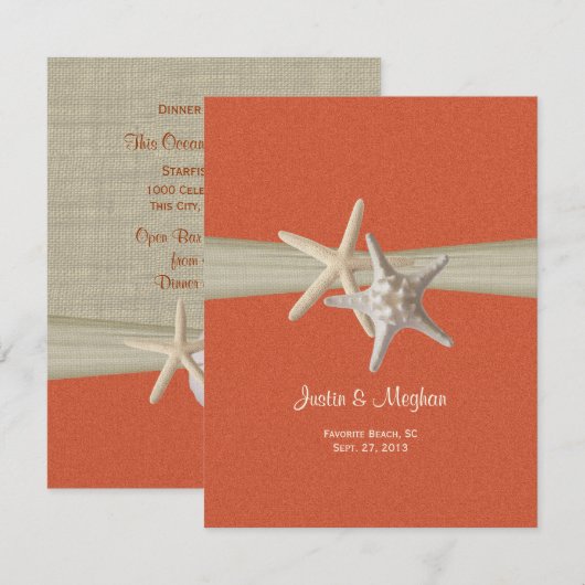 Koraalzanddollar en Starfish Burlap Receptie Kaart (Voorkant / Achterkant)