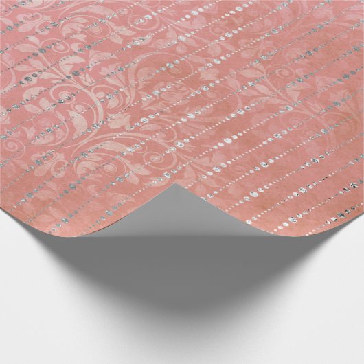 Koraalzilver Peach Grey Metallic Pink Stripes Stip Cadeaupapier (Hoek)