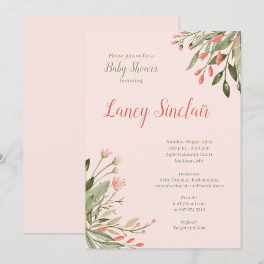 Koral Floral Corners Baby shower Kaart (Voorkant / Achterkant)