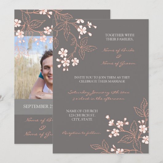 Koral Gray Floral Foto Weddenschap Kaarten (Voorkant / Achterkant)