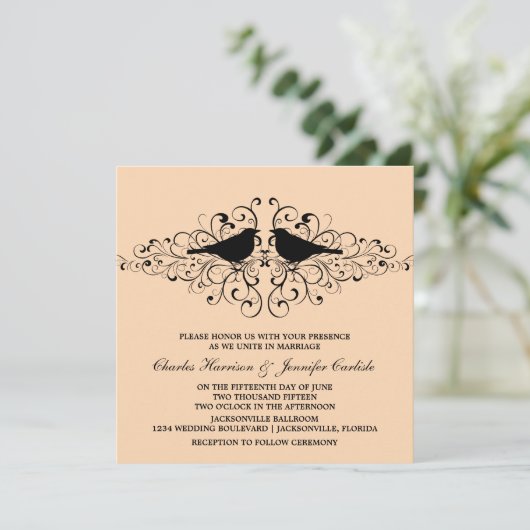 Koral Love Bird Swirls Wedding Invitation Kaart (Staand voorkant)