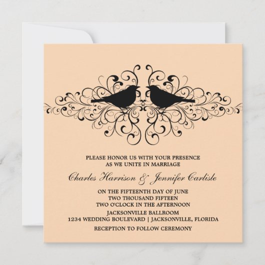 Koral Love Bird Swirls Wedding Invitation Kaart (Voorkant)