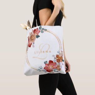 Koral Sienna Waterverf Floral Monogram Wreath Tote Bag