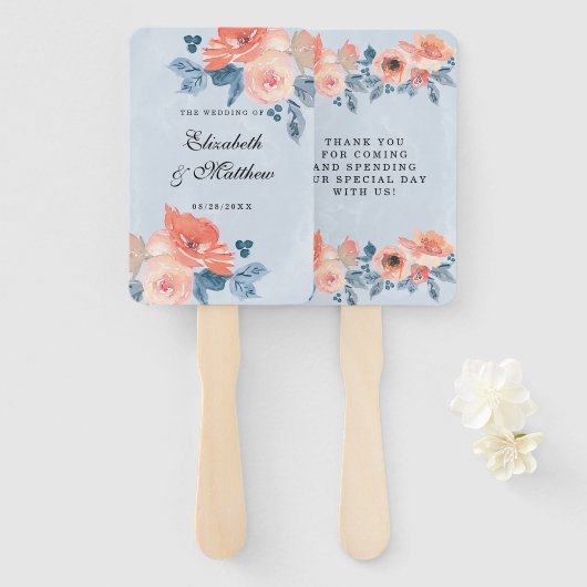 Koralen en mosterd Blauwe Floral Wedding Hand Fan Handwaaier (Voorkant en achterkant)