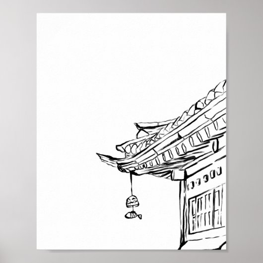 Koreaans Hanok Dak met Wind Chime Ink Poster (Voorkant)