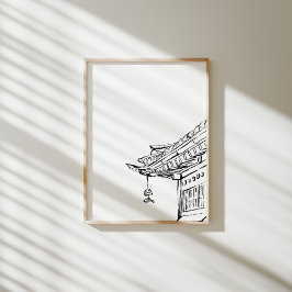 Koreaans Hanok Dak met Wind Chime Ink Poster