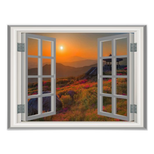 Koreaans herfst Sunset Temple Faux Uitzicht Foto Afdruk (Voorkant)