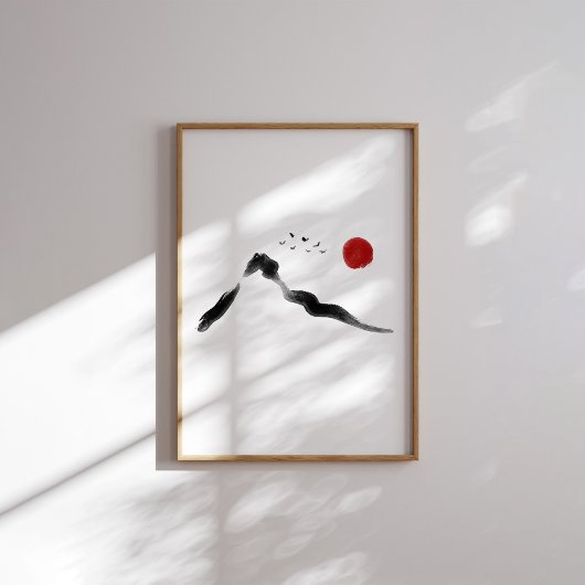Koreaans Inktberglandschap met Red Sun Poster