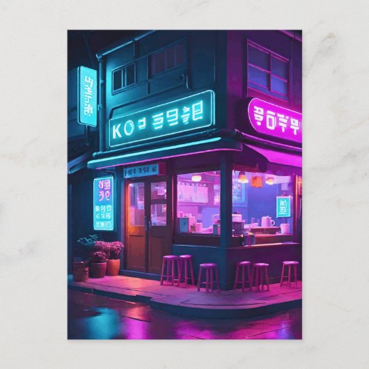 Koreaans Neon Koffiehuis LoFi Art Briefkaart (Voorkant)