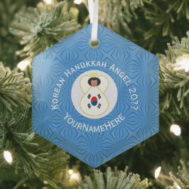 Koreaans (Zuid) Hanukkah Angel: naam Hexagon Glas Ornament
