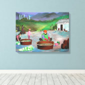 Koreaanse familie maakt Kimchi 김 치 Canvas Afdruk (Insitu (Houten vloer))