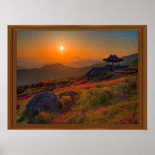 Koreaanse herfst Sunset Temple Wood Lijst Poster