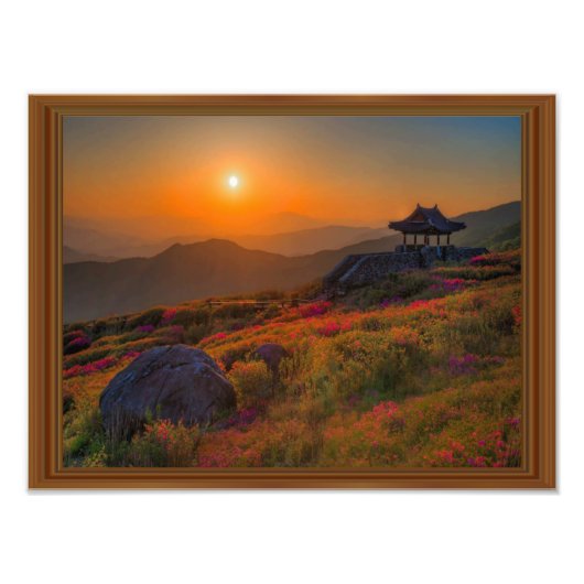Koreaanse herfst zonsondergang tempel houten frame foto afdruk (Voorkant)