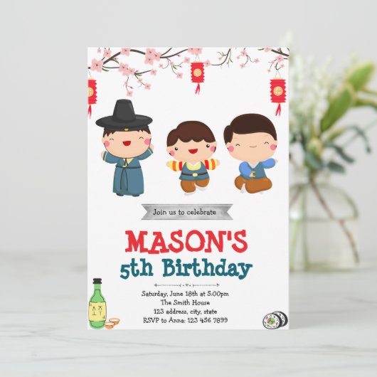 Koreaanse jongen verjaardagsfeestje uitnodiging (Staand voorkant)