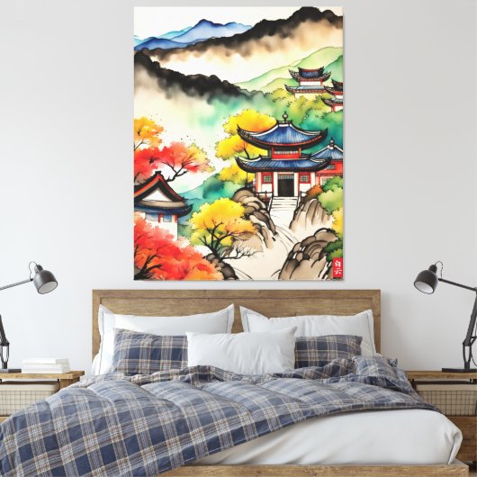 Koreaanse Landschapsinkt het Schilderen Canvas Afdruk (Insitu (Slaapkamer))