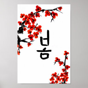 Koreaanse lentesalligrafie en bloesems poster