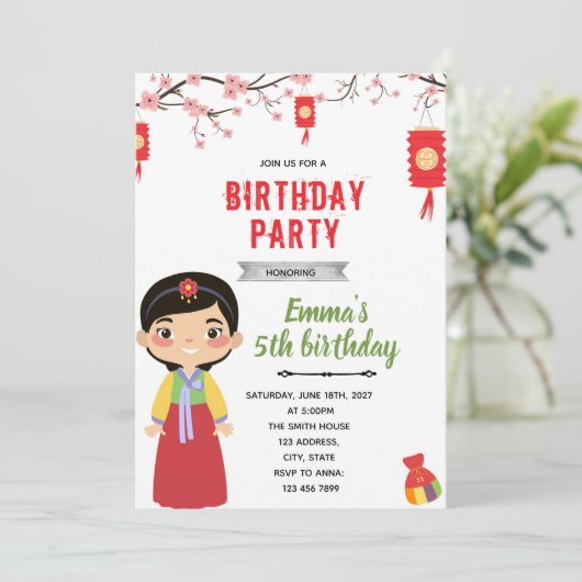 Koreaanse meisje verjaardagsfeestje uitnodiging (Staand voorkant)