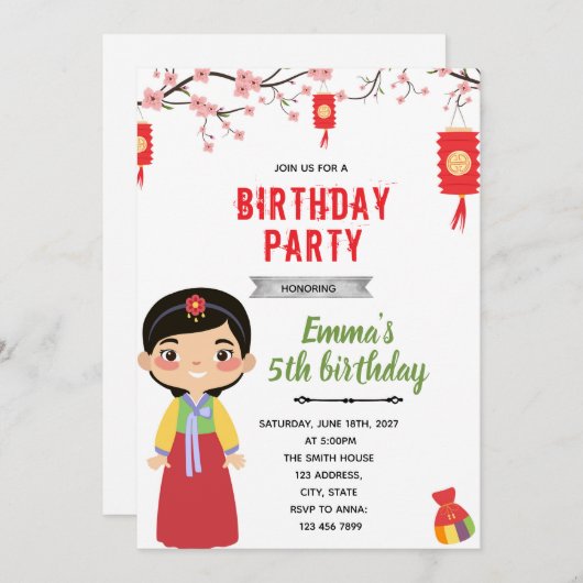 Koreaanse meisje verjaardagsfeestje uitnodiging (Voorkant / Achterkant)