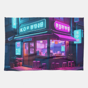 Koreaanse Neon Coffee House LoFi Kunst  Theedoek