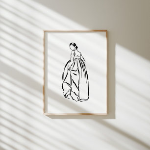 Korean Hanbok Woman Ink Line Art Poster