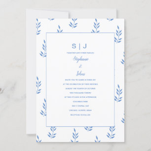 Korenbloem Blauw Blad Monogram Minimale Bruiloft Kaart
